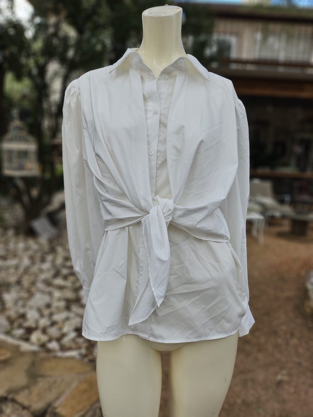 New W Tag Pinch Off-White Tie-Front Button Down Collared Shirt S